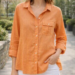 Talbots Pure Irish Linen Orange Button Shirt Roll Tab Sleeve L